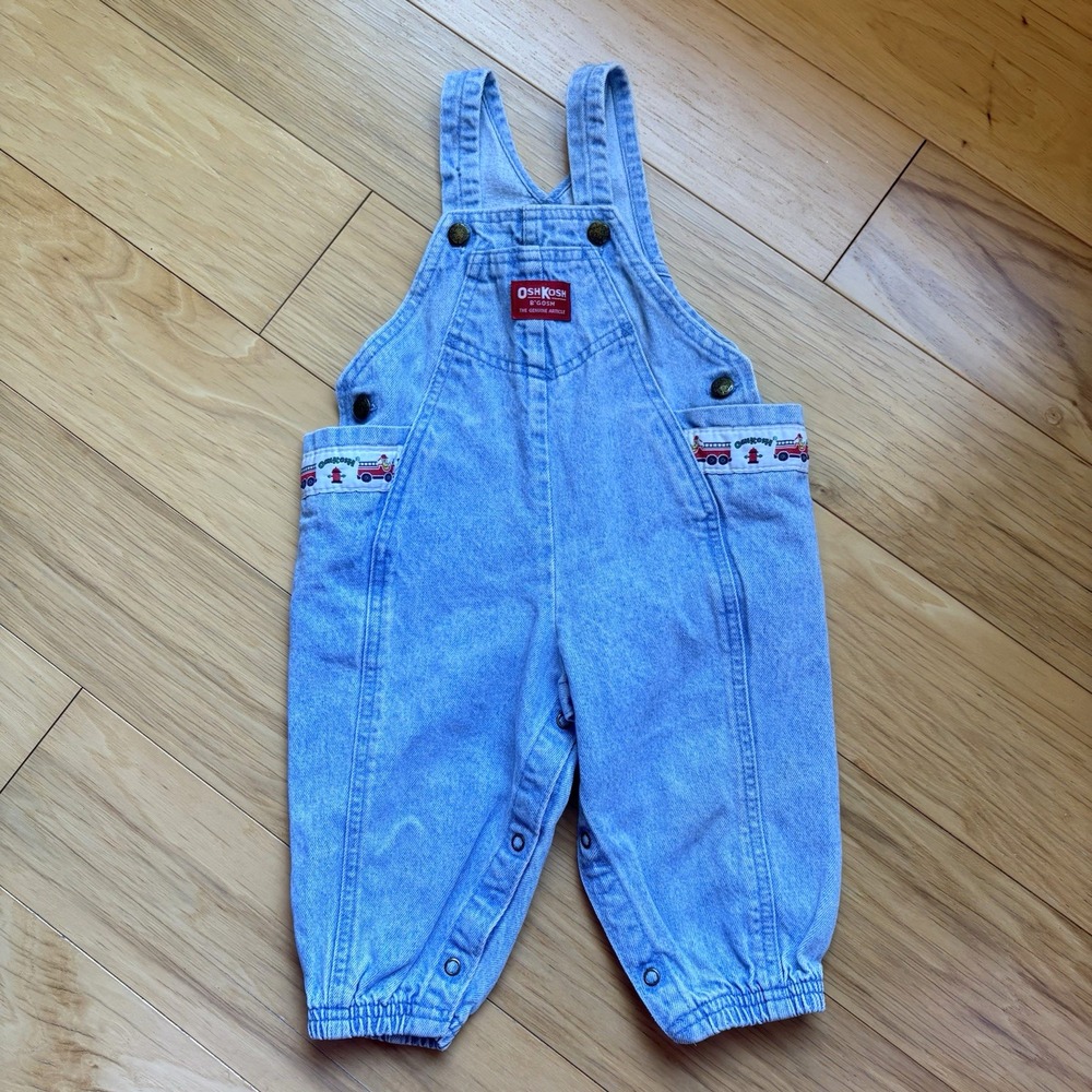Vintage 90s OshKosh B'gosh Fire Truck Vestbak Denim Baby Overalls Made in USA
